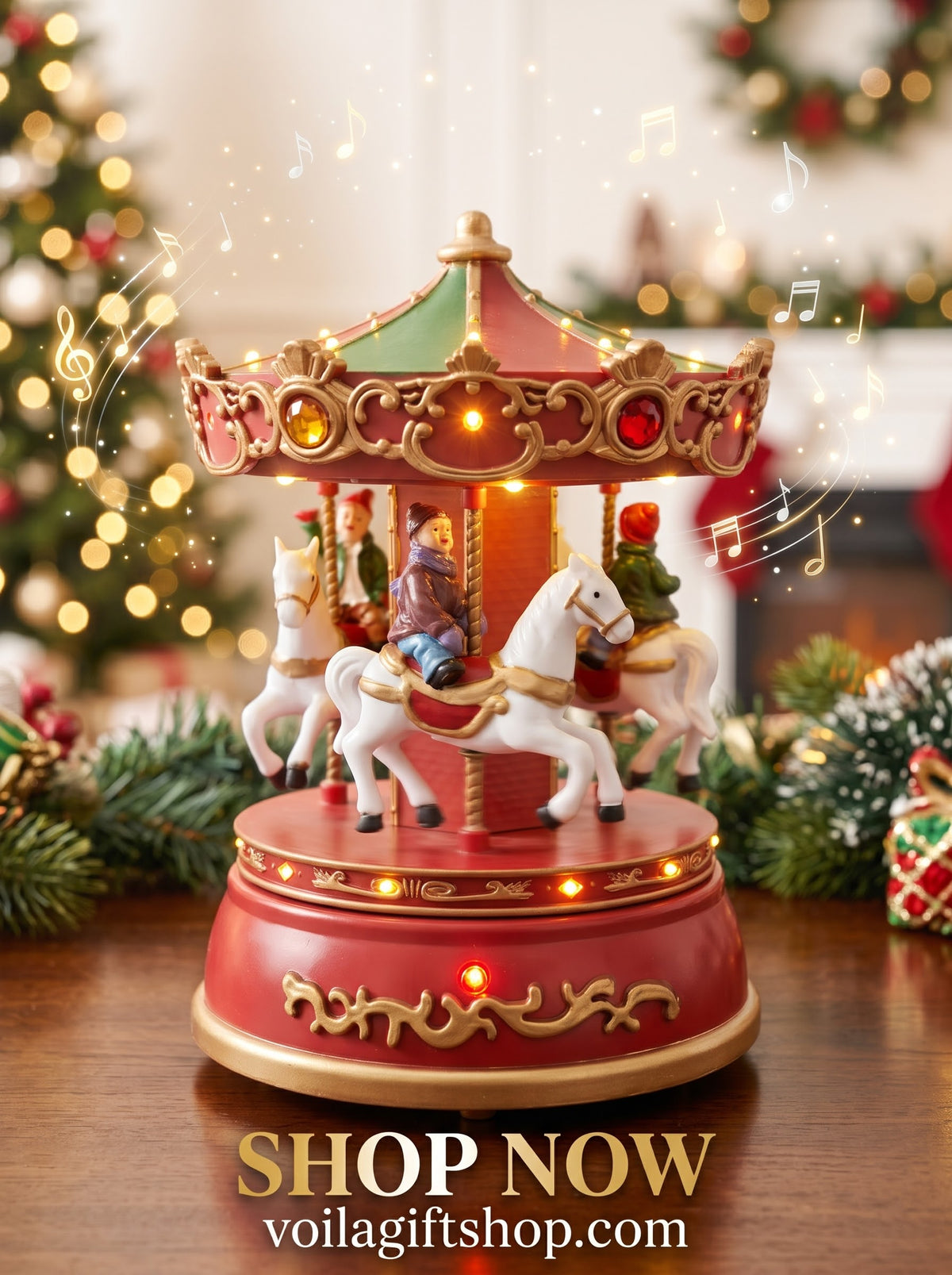 Festive musical Christmas carousel tabletop decor with glowing LED lights and riders