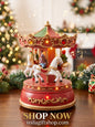 Festive musical Christmas carousel tabletop decor with glowing LED lights and riders