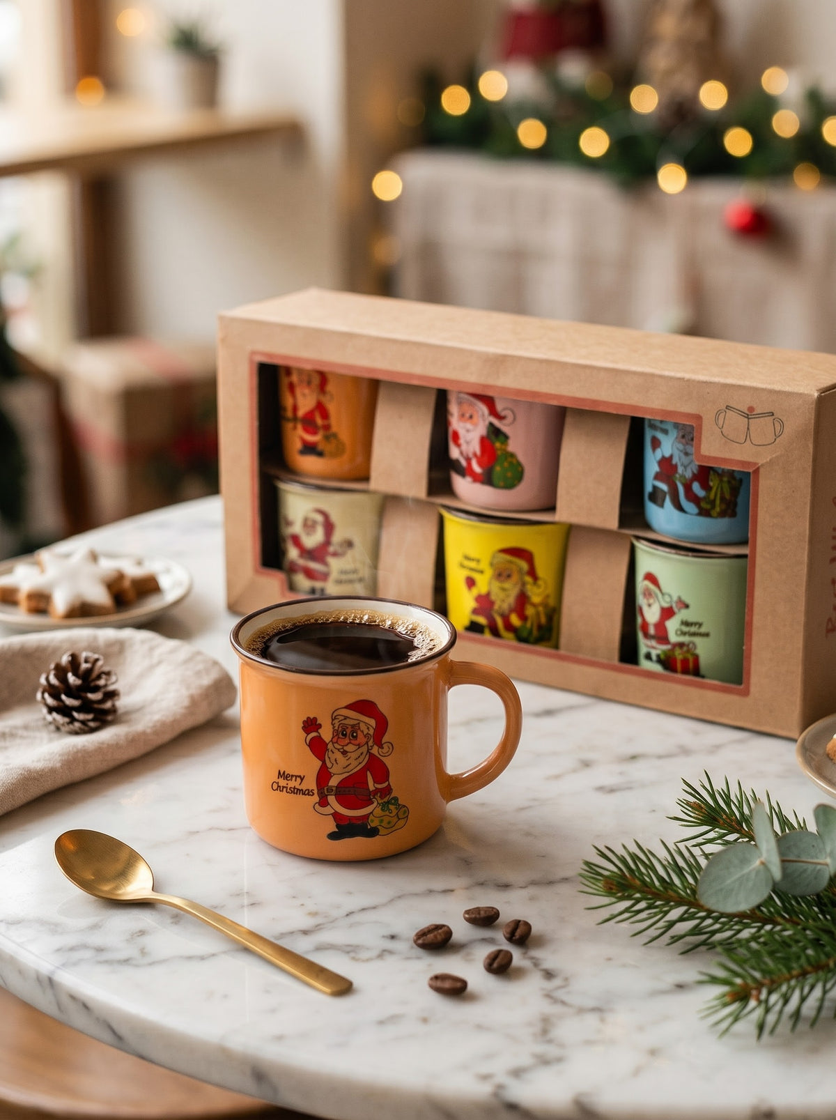Six-piece retro Santa Christmas ceramic espresso mug set in gift box