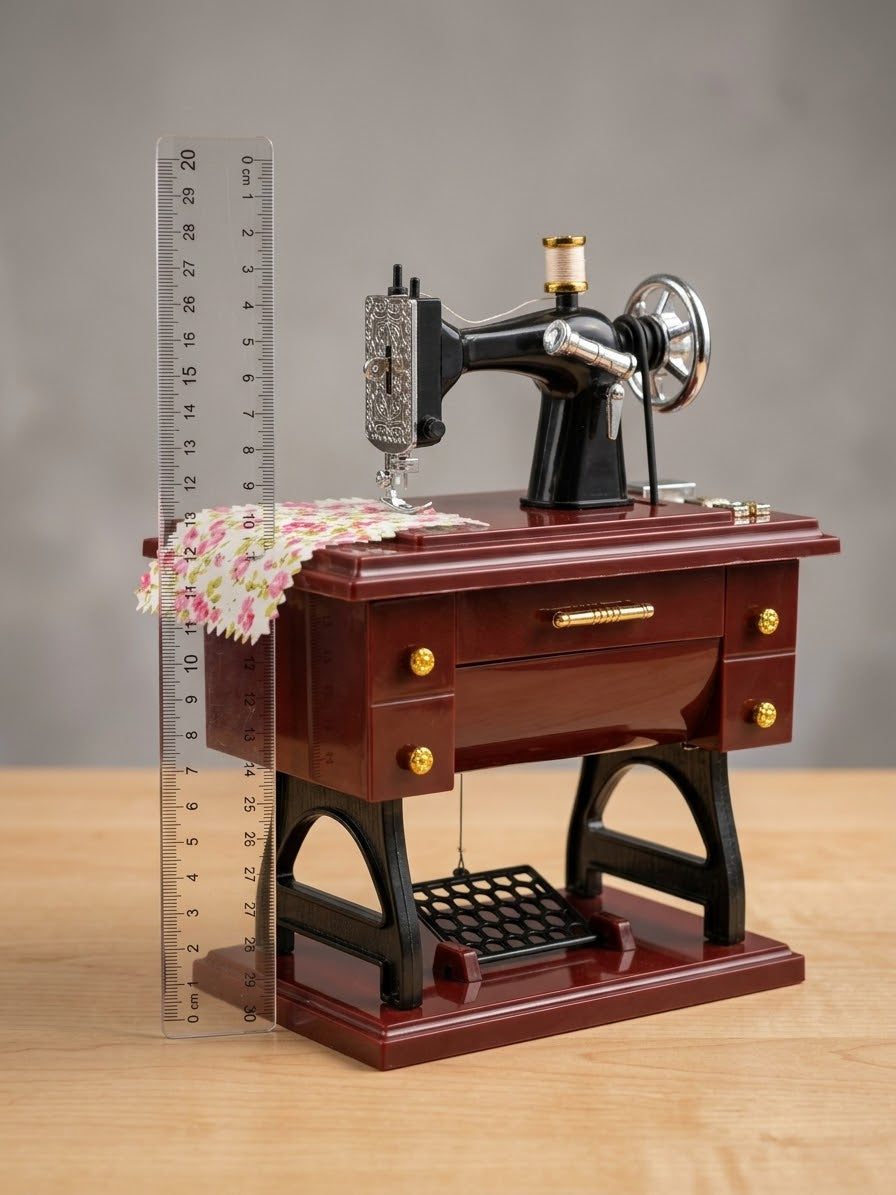 Vintage sewing machine music box with miniature floral fabric