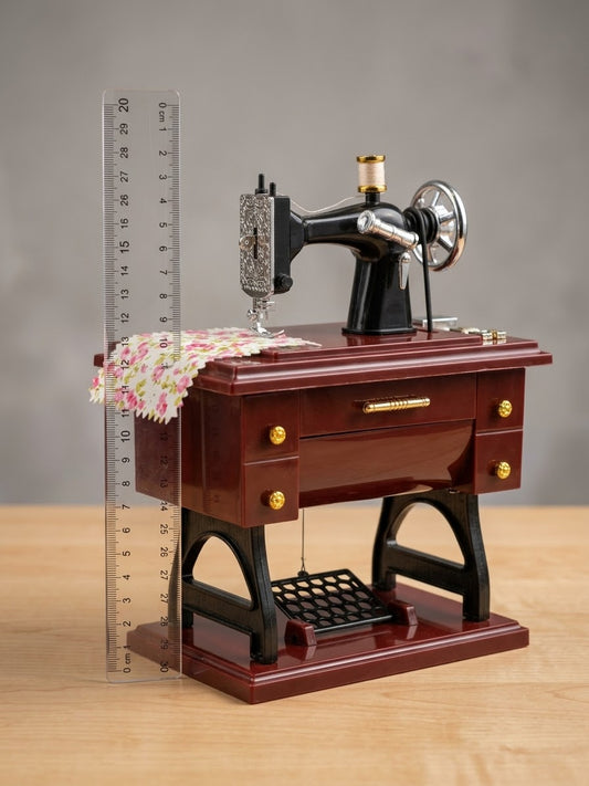 Vintage sewing machine music box with miniature floral fabric