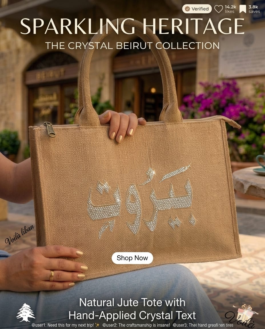 Sparkling Heritage collection natural jute tote bag embellished with silver crystal Beirut Arabic calligraphy.
