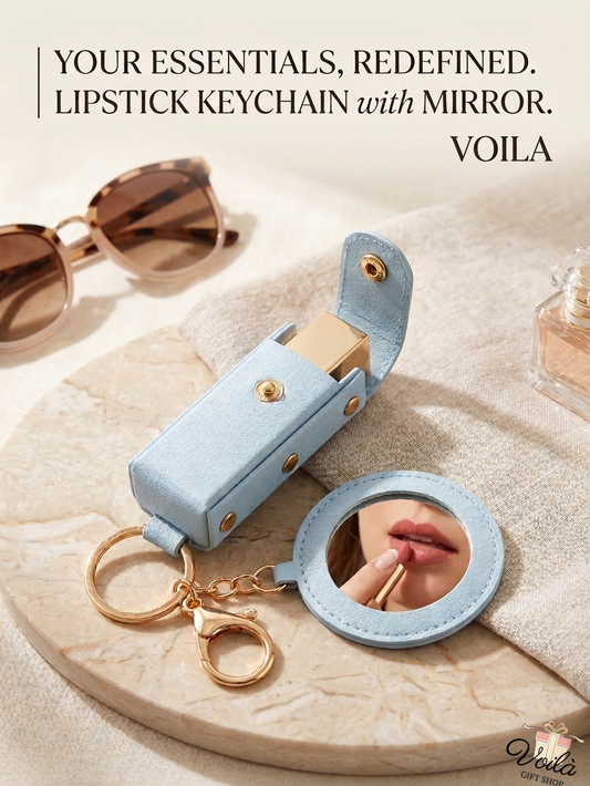 Voila light blue leather lipstick keychain holder with integrated circular mirror