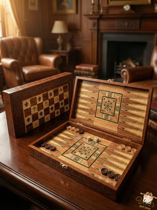 Wooden backgammon set on a table with a cozy room background