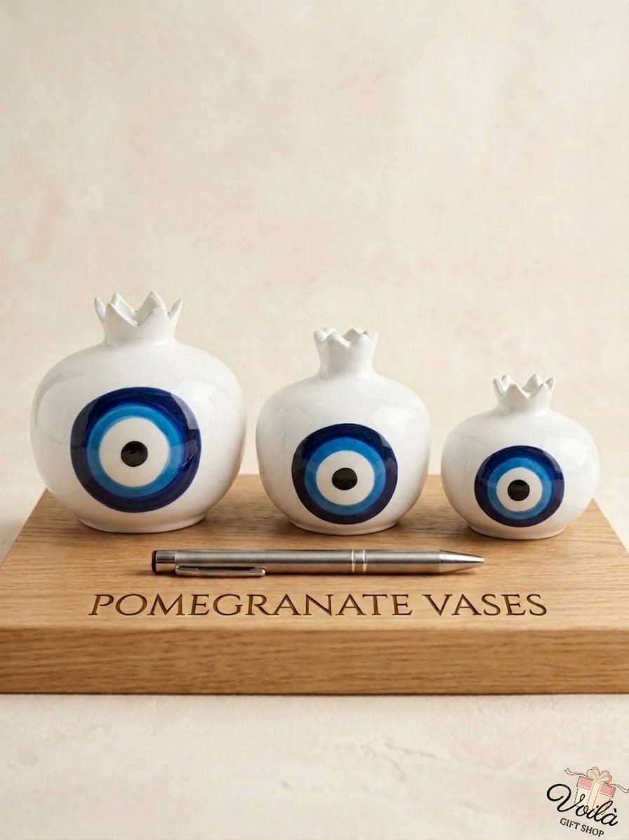 Set of three premium white ceramic pomegranate vases in cascading sizes, featuring a striking traditional blue concentric circle motif, displayed elegantly on a wooden board.